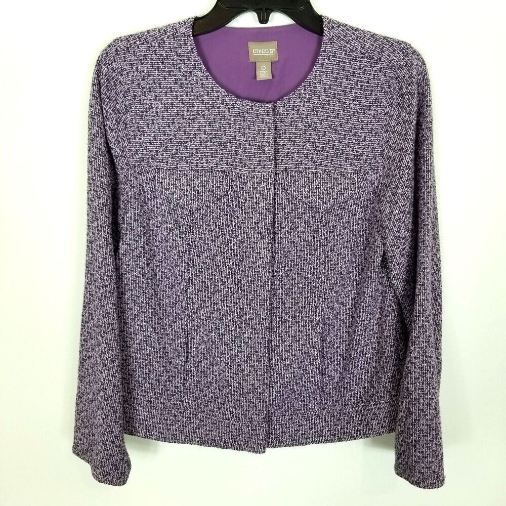 Chico's Women's Purple Crushed Grape Tweed Boucle Blazer Size S Snap Office